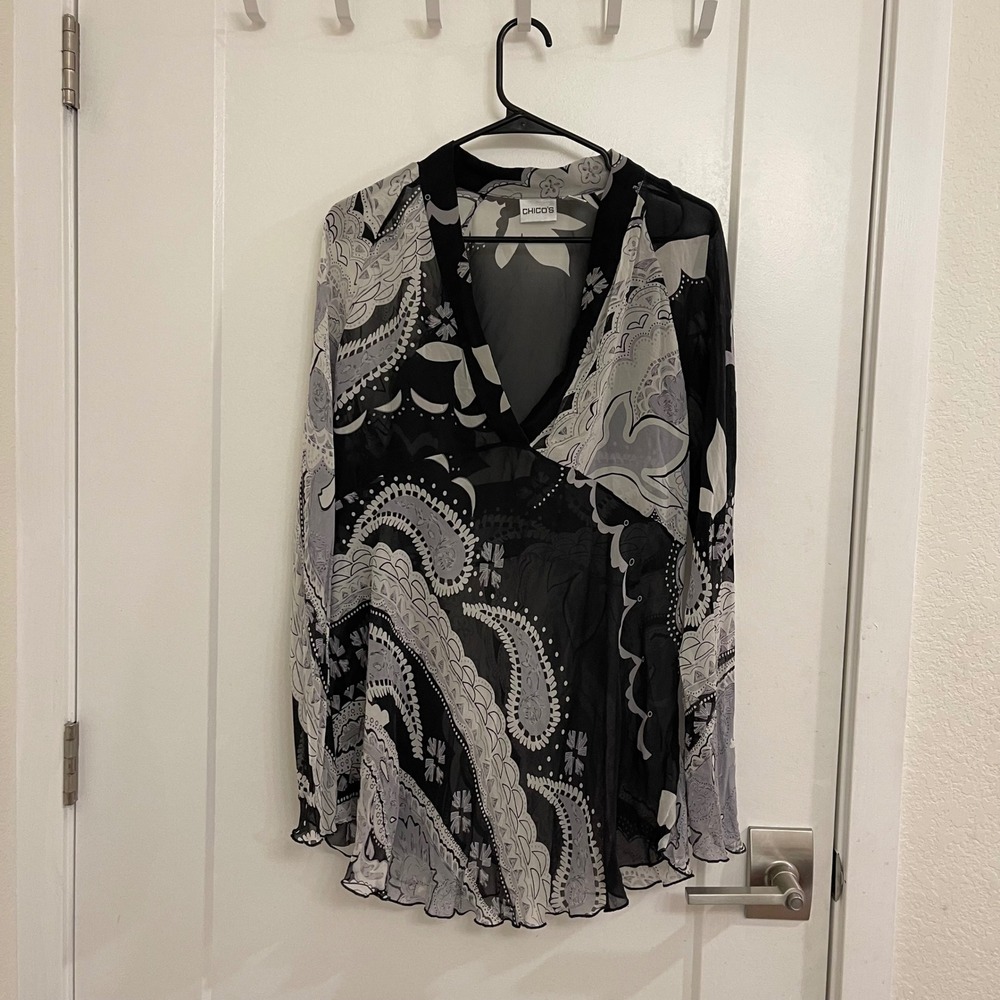 Vintage Chicos Silk Beach Cover Sheer Blouse Coastal Summer‎ V Neck